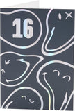 UK Greetings Smiley World 16th birthday card with silver foil design, fun and trendy teenage celebration greeting card.