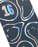 UK Greetings Smiley World 16th birthday card with silver foil design, featuring fun, trendy Teenage celebration greeting.