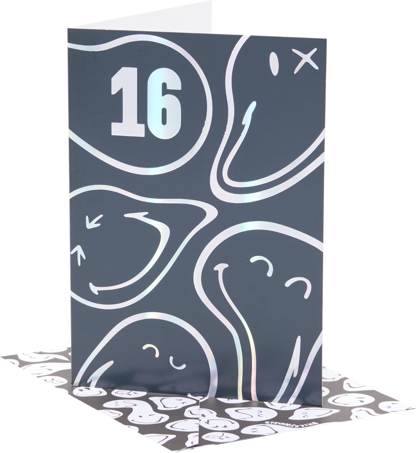 UK Greetings Smiley World 16th birthday card with silver foil design, featuring fun, trendy teenage celebration graphics.