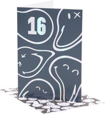 UK Greetings Smiley World 16th birthday card with silver foil design, featuring fun, trendy teenage celebration graphics.