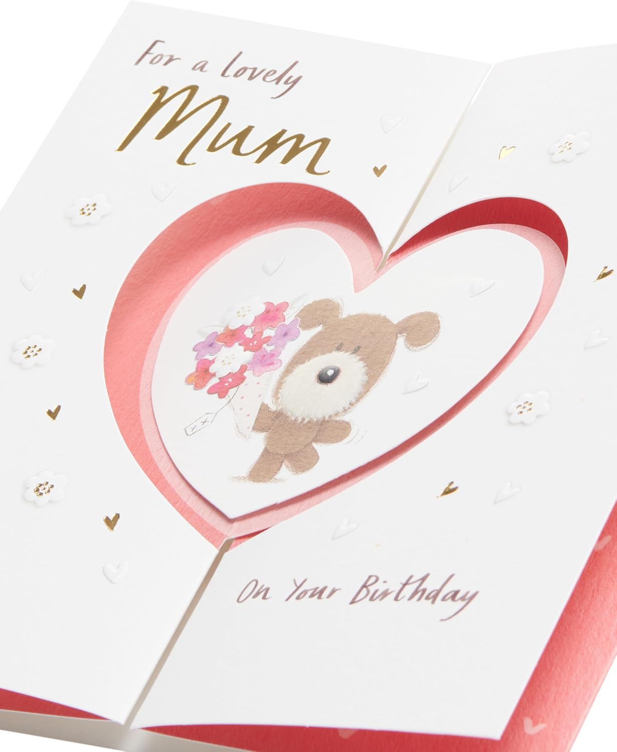 UK Greetings birthday greeting card for Mum with a heart design, featuring colorful illustrations on the front.