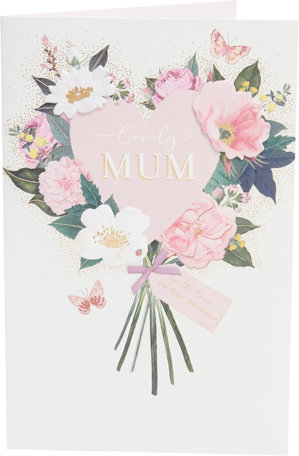 UK Greetings birthday greeting card for mum with pink floral design, featuring cheerful floral artwork on the front.