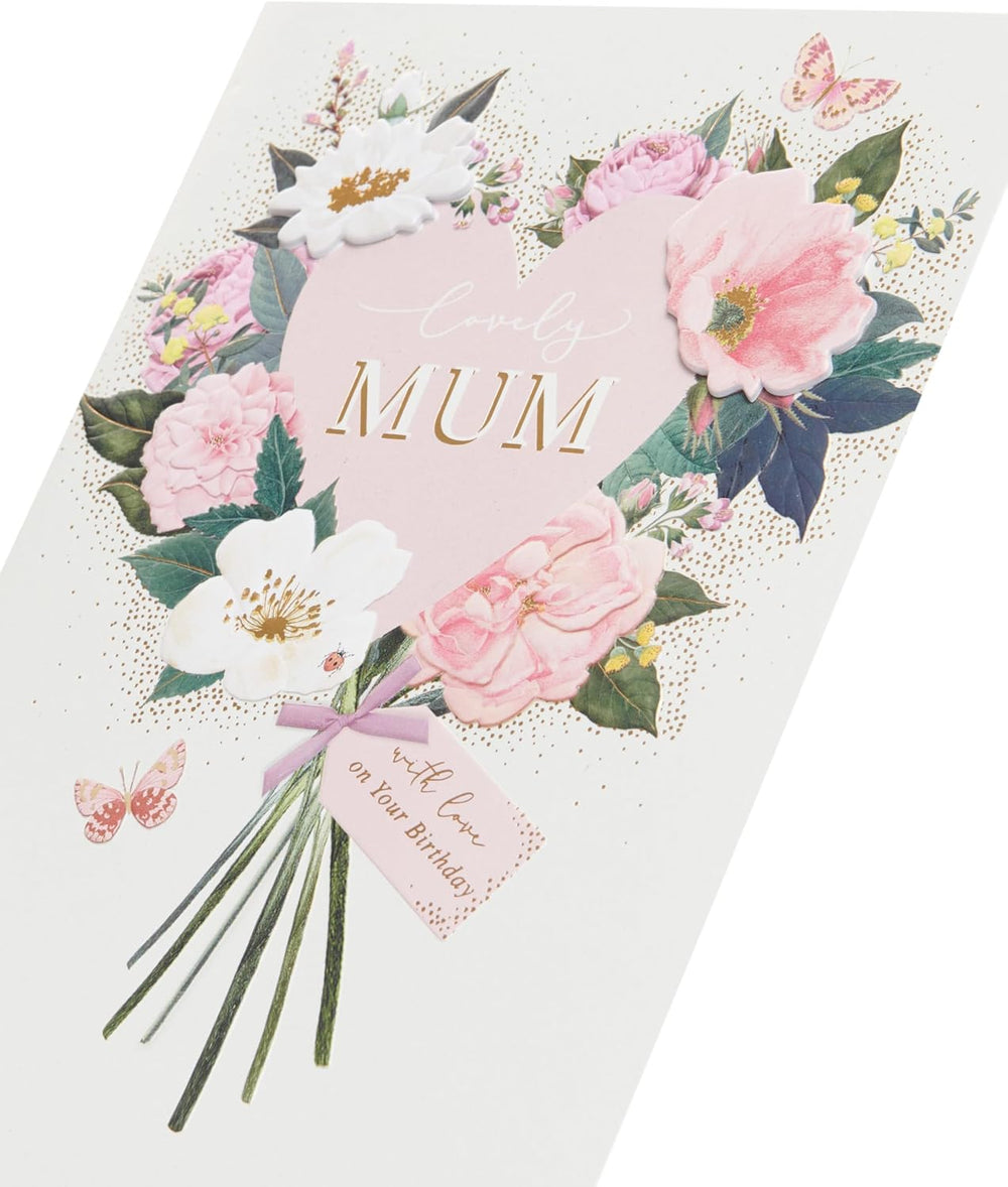 UK Greetings birthday greeting card for mum with pink floral design, featuring colorful flowers and elegant lettering.