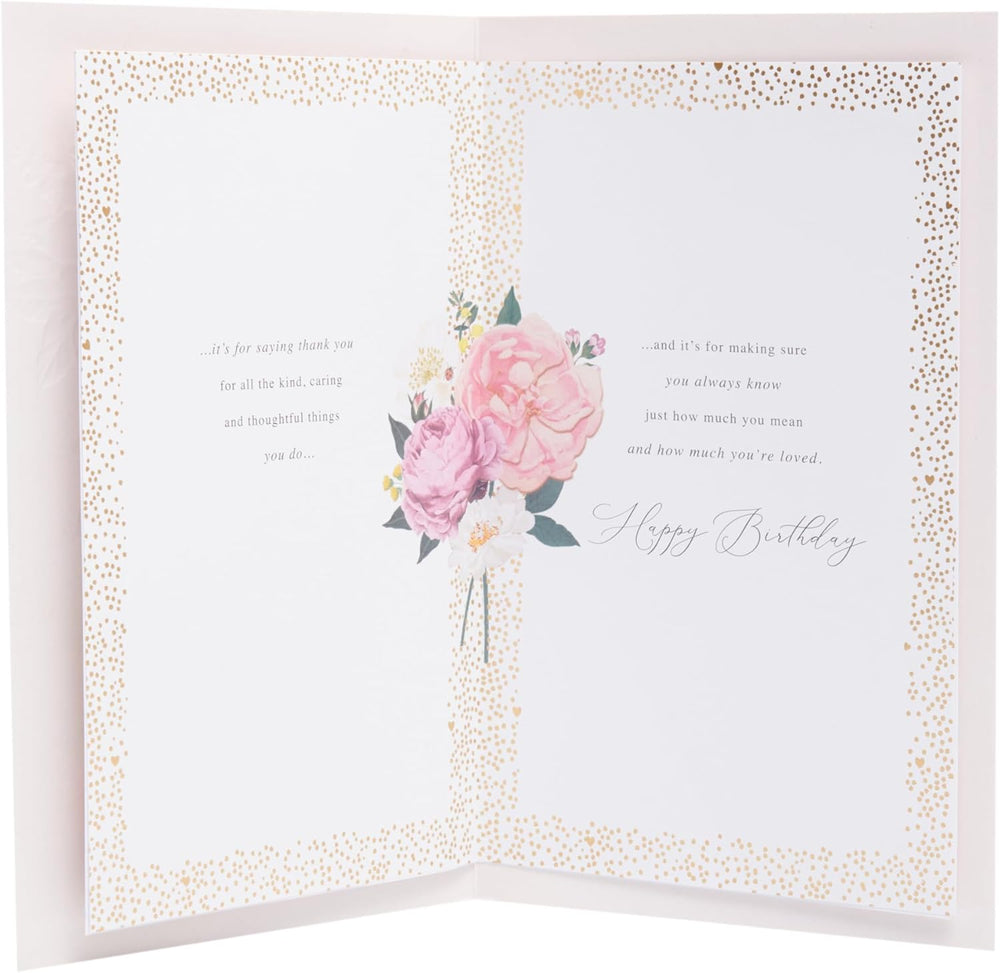 UK Greetings birthday card for mum with pink floral design, featuring a cheerful greeting on the front.