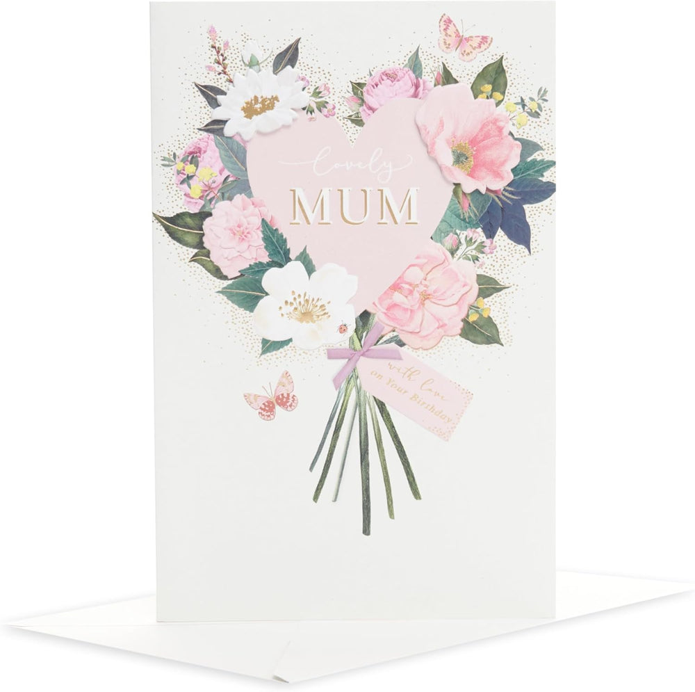 UK Greetings birthday greeting card for mum featuring a pink floral design, perfect for celebrating special occasions.