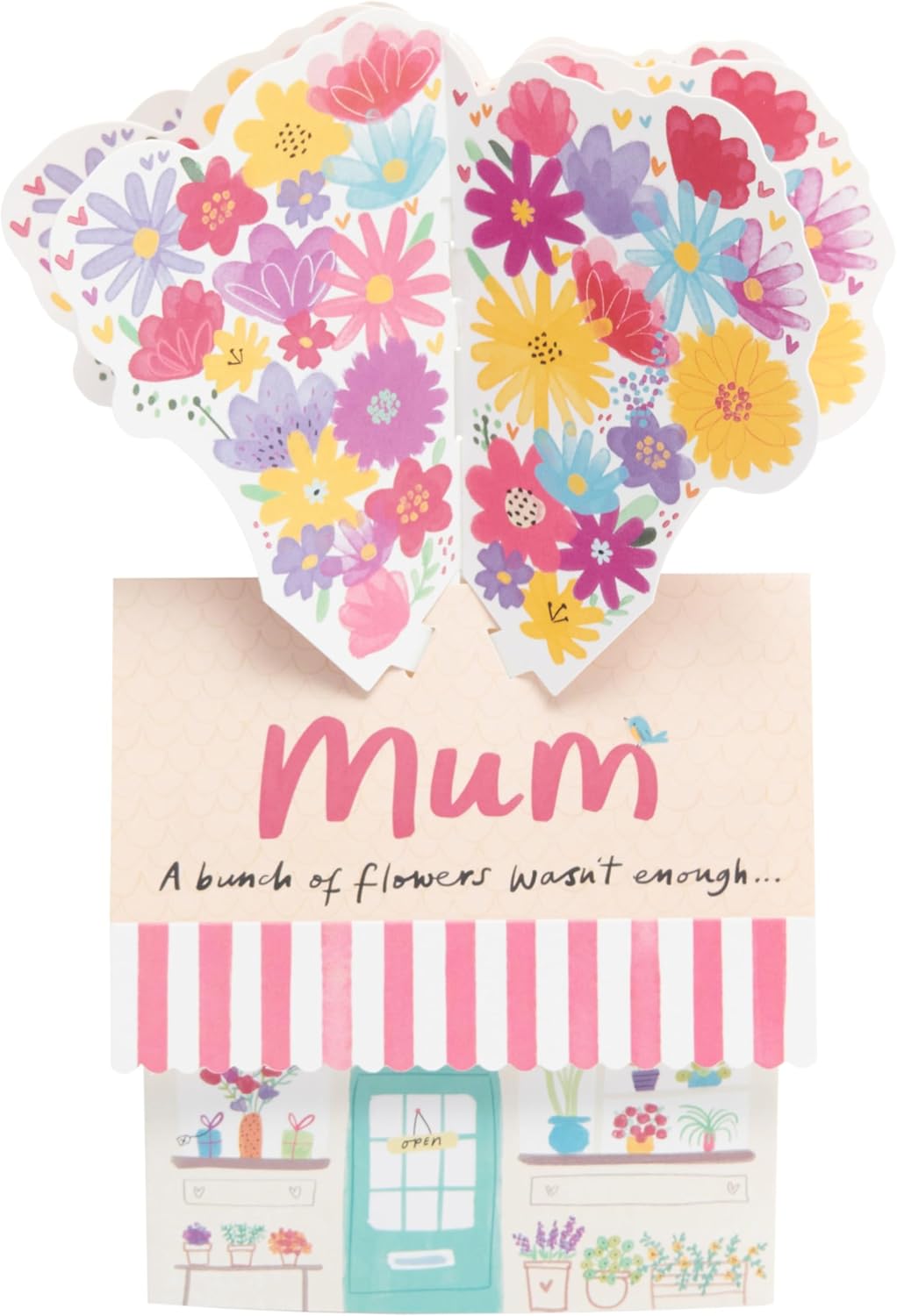 UK Greetings birthday greeting card for mum featuring a pop-up flower shop design, perfect for celebrating her special day.