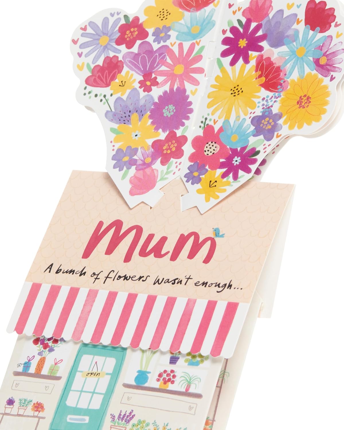 UK Greetings birthday greeting card for mum featuring a pop-up flower shop design, with colorful floral illustrations.