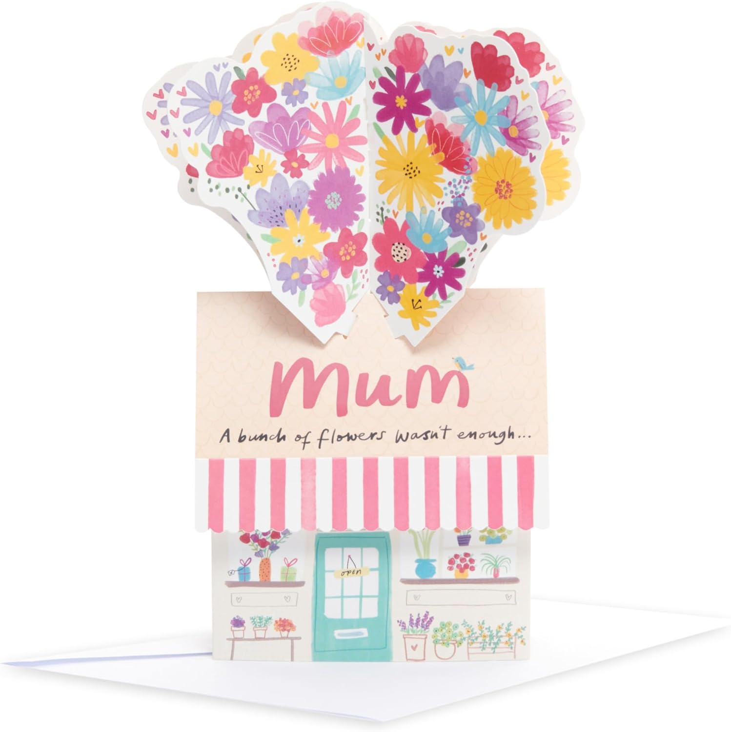 UK Greetings birthday card for mum featuring a pop-up flower shop design, with colorful floral illustrations.