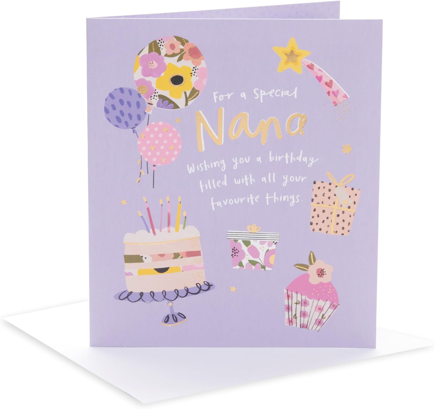 UK Greetings birthday greeting card for Nana featuring a favorite things design, with colorful illustrations and cheerful message.