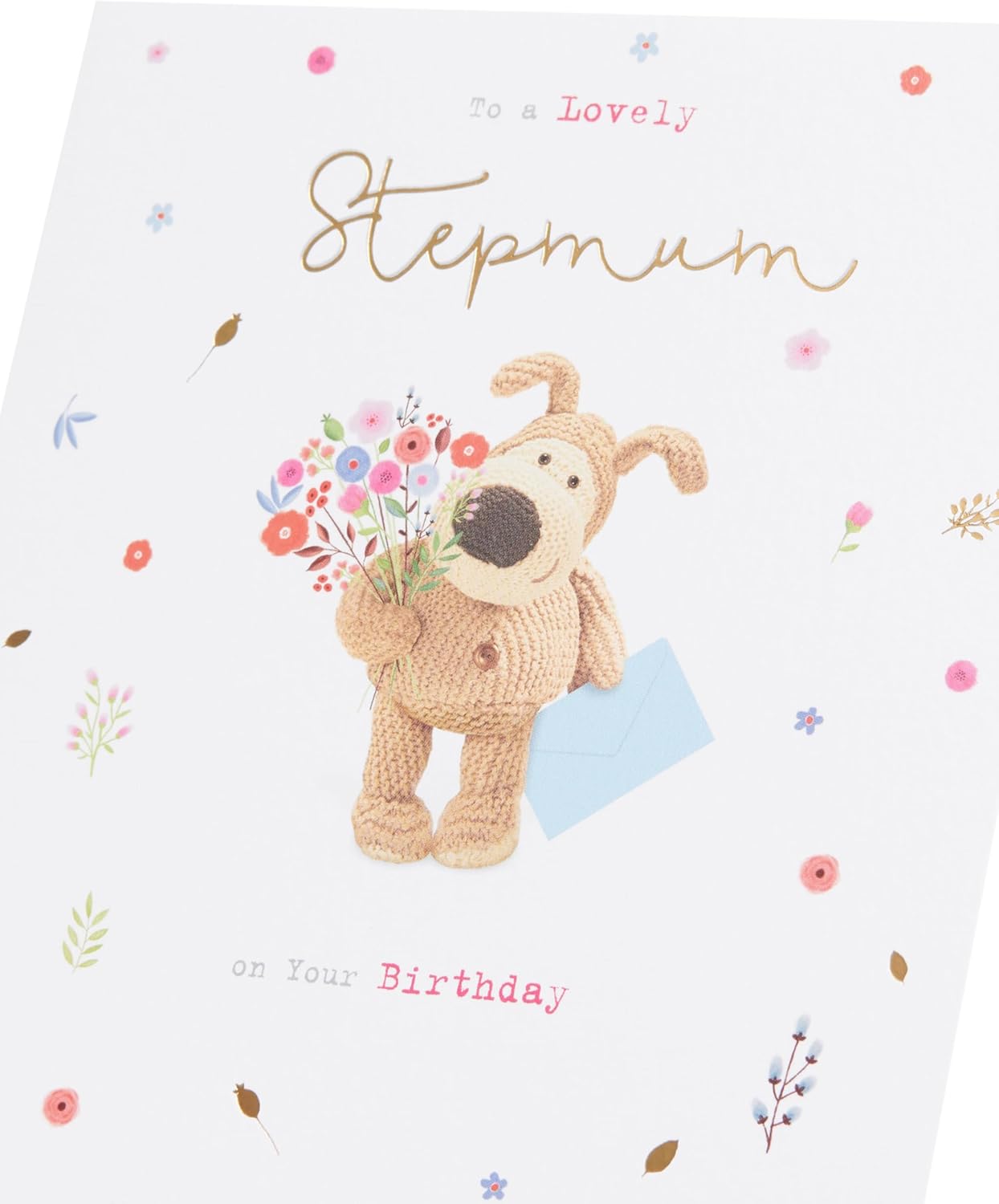 UK Greetings Boofle birthday greeting card for stepmum with a cute design, featuring colorful illustrations and cheerful message.
