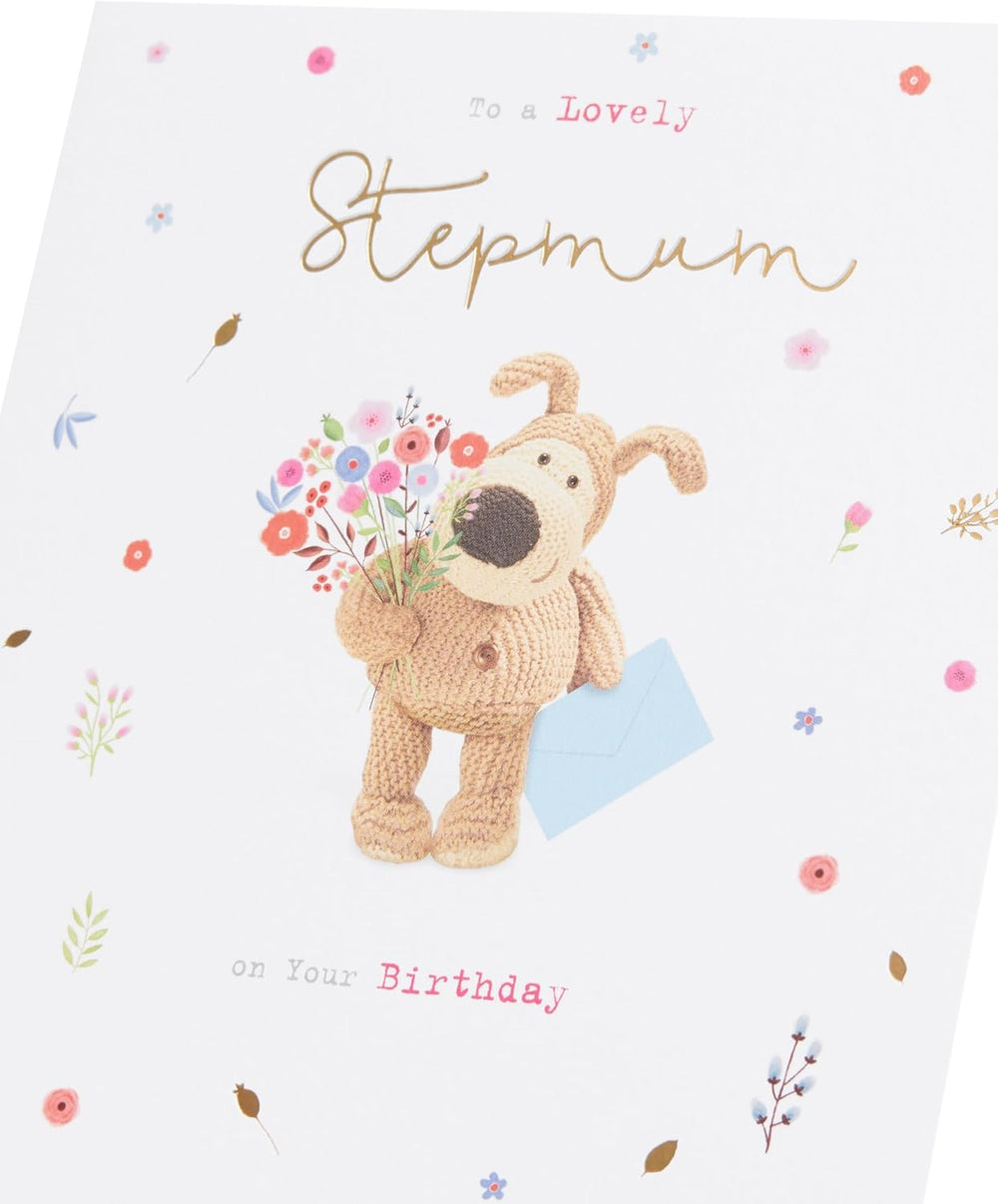 UK Greetings Boofle birthday greeting card for stepmum with a cute design, featuring colorful illustrations and cheerful message.