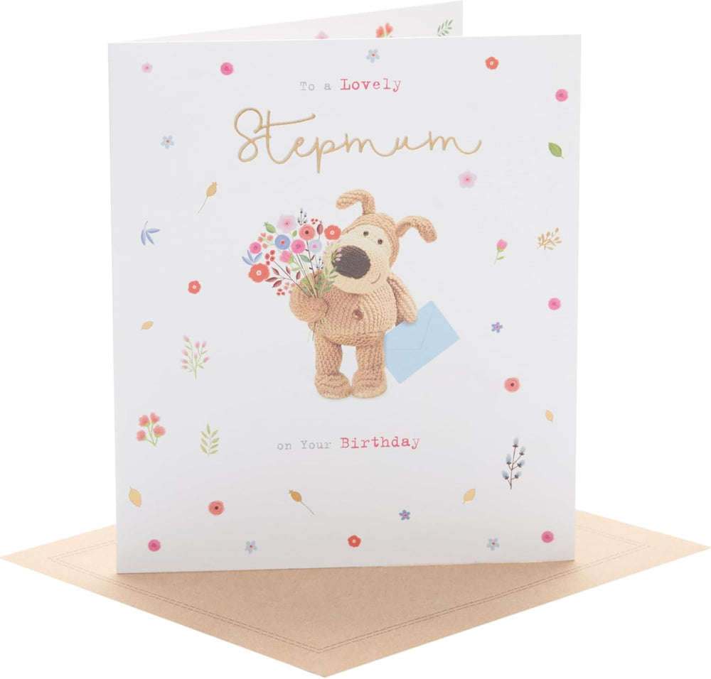 UK Greetings Boofle birthday greeting card featuring a cute design for stepmum, with colorful illustrations and cheerful message.