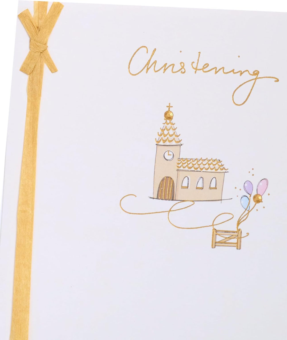 UK Greetings Christening Card featuring heartfelt design for baby's special day, with delicate details and soft colors.
