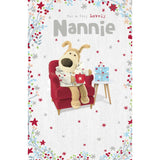 Christmas card featuring Boofle holding a coffee mug, designed by UK Greetings, perfect for Nannie Christmas greetings.