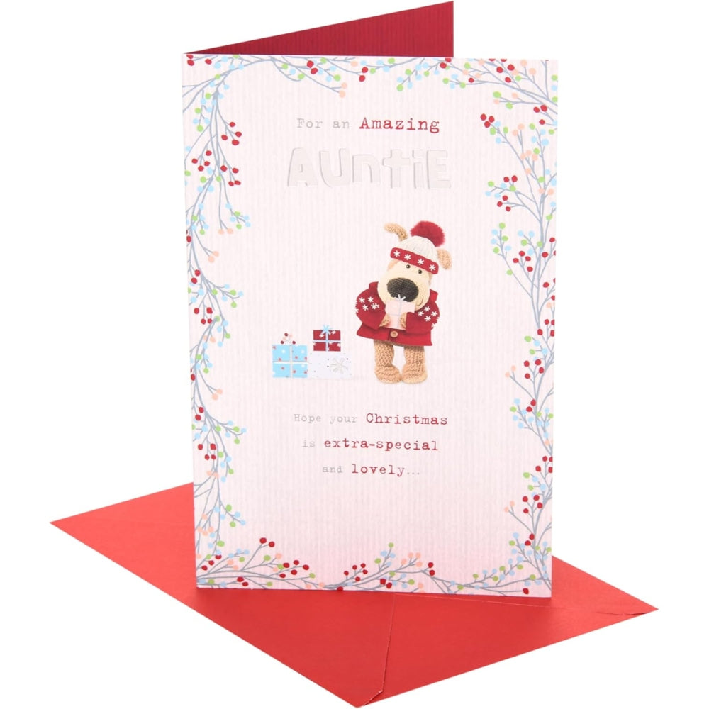 Boofle with presents Christmas card by UK Greetings featuring a cute dog holding gifts, designed for celebrating Christmas with loved ones.