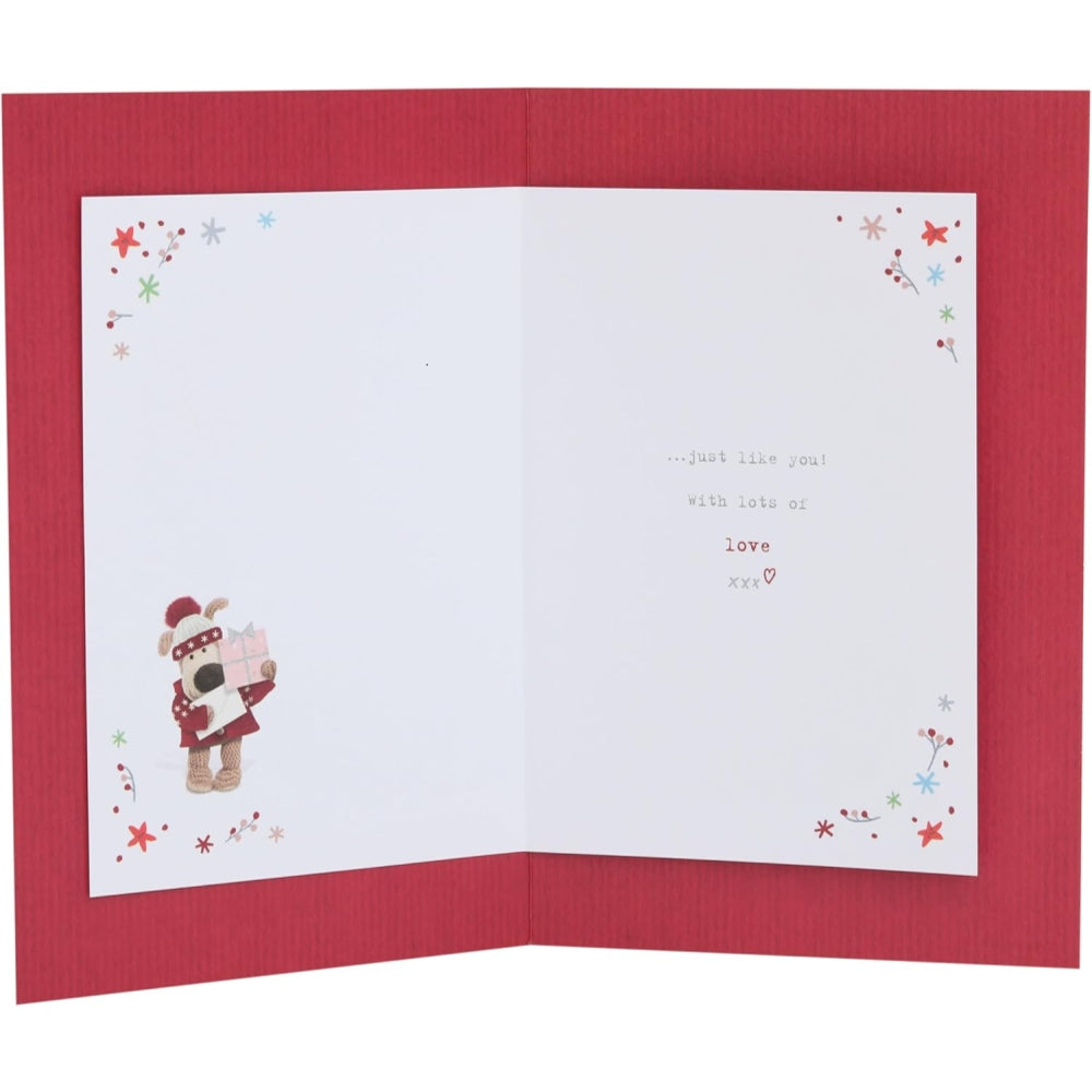 Christmas card featuring Boofle with presents from UK Greetings, designed for Auntie, with festive holiday imagery.