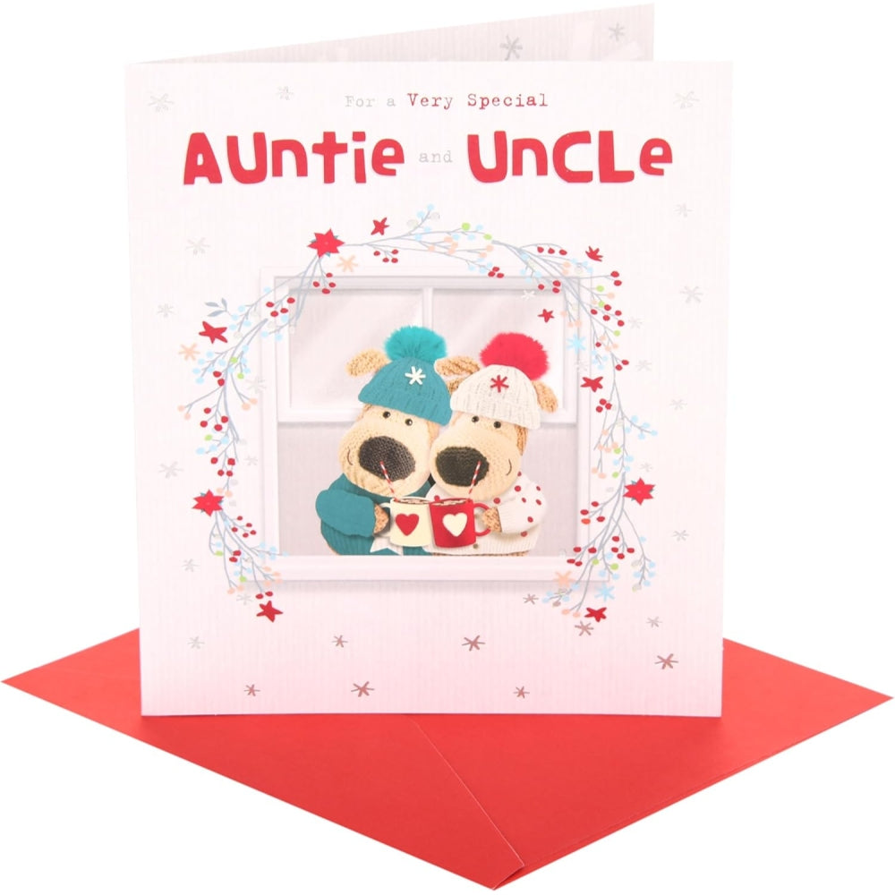 Christmas card featuring Boofles in frame for Auntie and Uncle from UK Greetings, with festive holiday design.