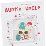 Christmas card featuring Boofles in frame with Auntie and Uncle, from UK Greetings, decorated for the holiday season.