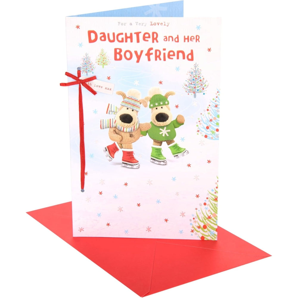 Christmas card featuring Boofles skating with a daughter and boyfriend, by UK Greetings, with festive holiday design.