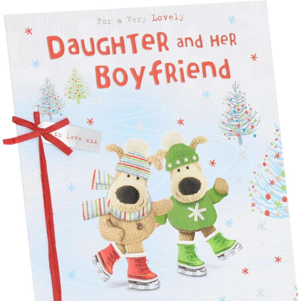 Boofles skating Christmas card featuring a daughter and boyfriend, festive holiday design by UK Greetings