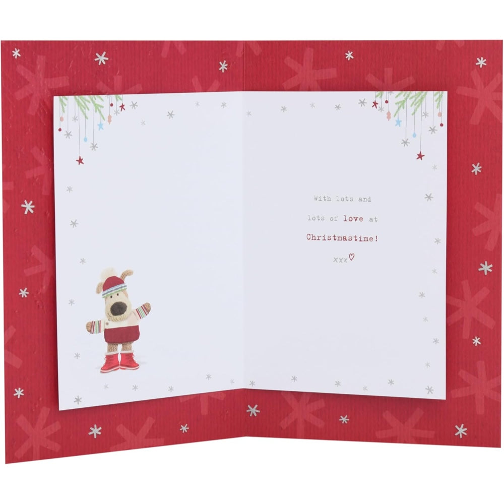 UK Greetings Boofle holding a small heart Christmas card, featuring festive holiday design and adorable character artwork.