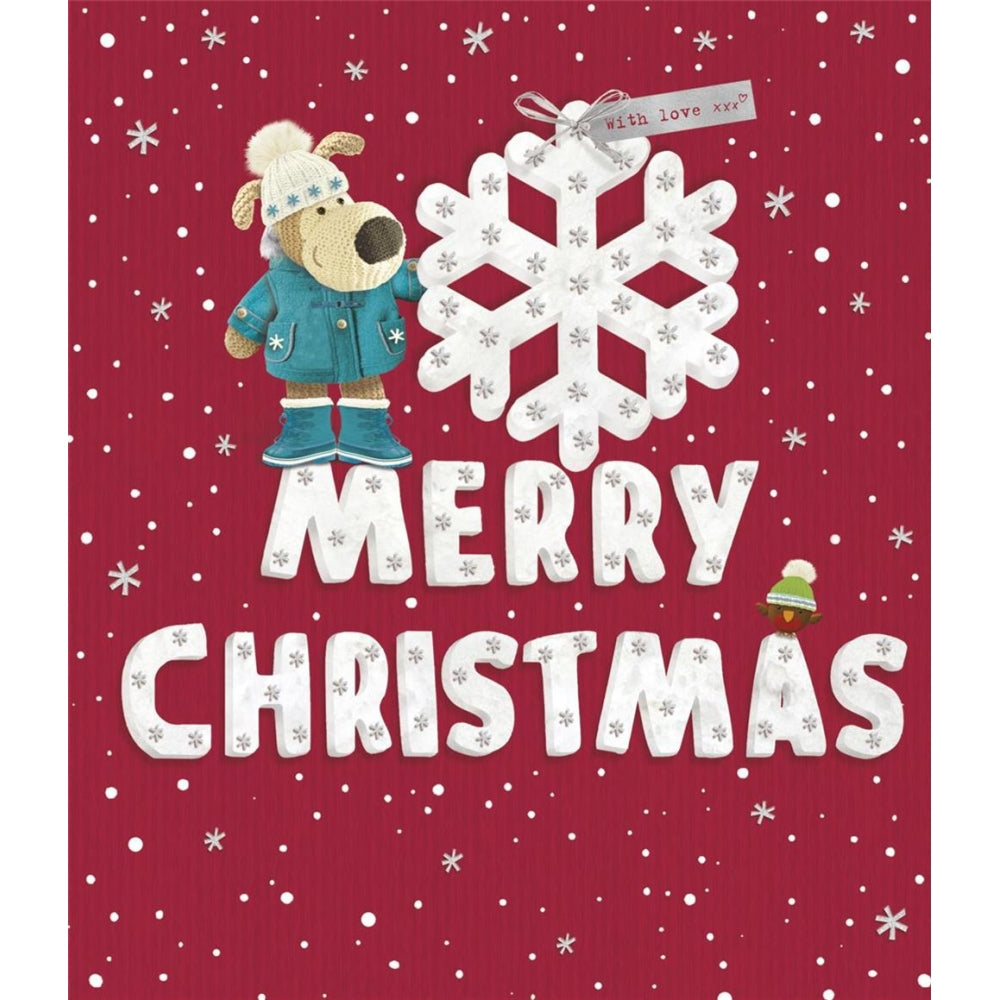 UK Greetings Boofle holding a snowflake Merry Christmas card, festive holiday greeting with adorable character design.