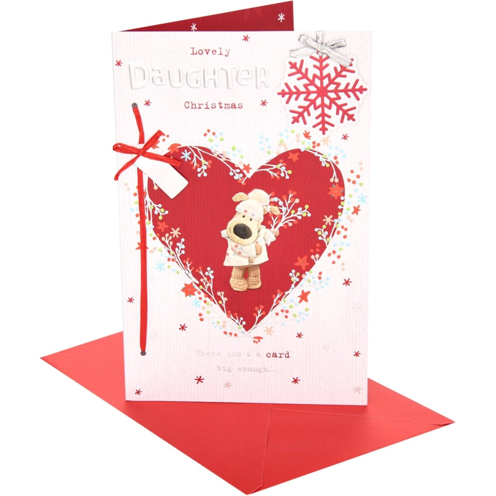 UK Greetings Boofle in Heart Wreath Daughter Christmas Card with festive holiday design featuring adorable character and red wreath.