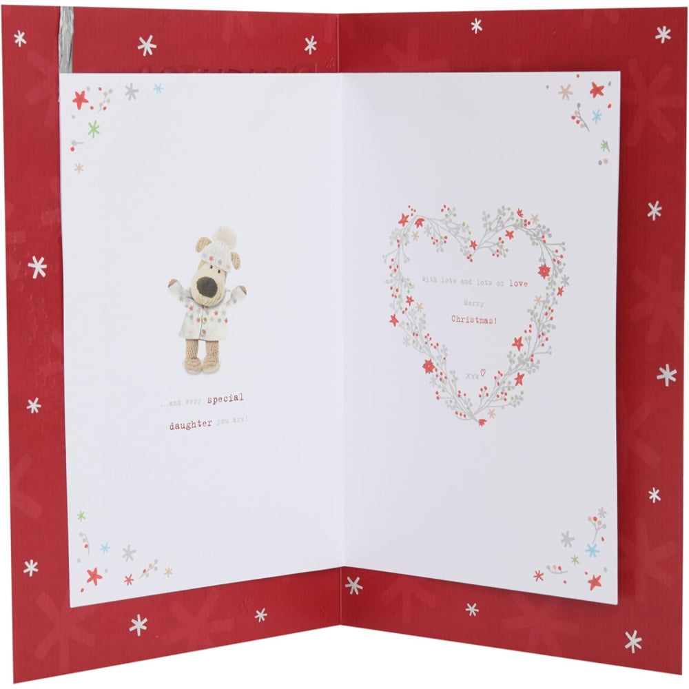 UK Greetings Boofle Christmas card featuring a heart wreath design, perfect for sending holiday wishes to daughters.