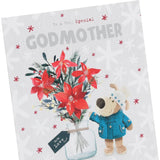 UK Greetings Boofle Christmas card featuring a flower vase, perfect for celebrating with a cute, festive greeting for a godmother.
