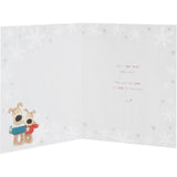 UK Greetings Boofle Christmas card featuring a cute Boofle near a decorated Christmas tree, designed for celebrating with dad.