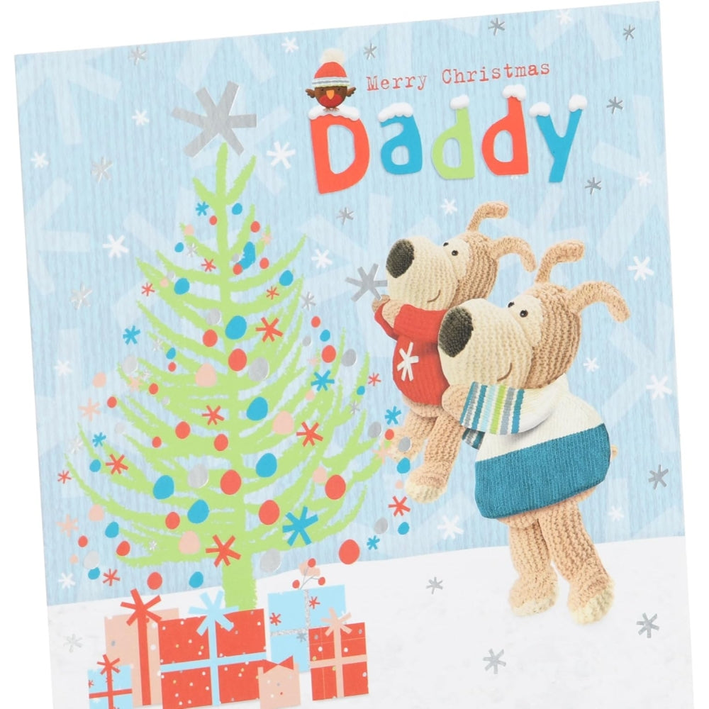 UK Greetings Boofle Christmas card featuring Boofle near a decorated Xmas tree, designed for celebrating with dad.