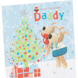 UK Greetings Boofle Christmas card featuring Boofle near a decorated Xmas tree, designed for celebrating with dad.