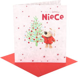 UK Greetings Boofle Christmas card featuring a festive design with a cute Boofle character near a decorated Xmas tree.