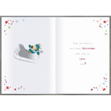 UK Greetings Boofle Christmas card featuring Boofle on a sleigh with festive holiday design for open Christmas greetings.