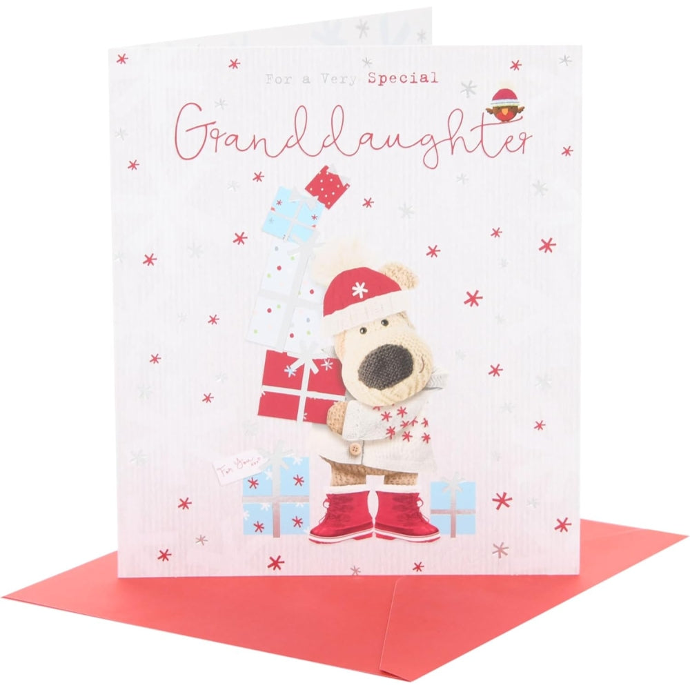 UK Greetings Boofle Christmas card featuring a pile of gifts for granddaughter, festive holiday design and cheerful illustration.