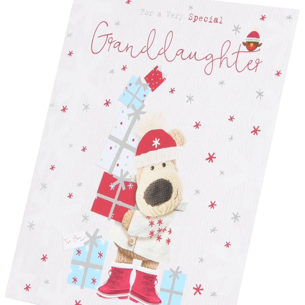 UK Greetings Boofle Christmas card featuring a pile of gifts, designed for granddaughters with festive holiday imagery.