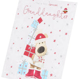 UK Greetings Boofle Christmas card featuring a pile of gifts, designed for granddaughters with festive holiday imagery.