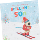UK Greetings Boofle skiing Son Christmas card featuring a festive illustration of Boofle enjoying winter sports.