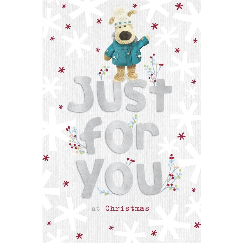 UK Greetings Boofle Christmas Card with standing lettering design reading "Just for You" for holiday greetings and festive cheer.