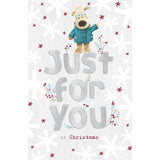 UK Greetings Boofle Christmas Card with standing lettering design reading "Just for You" for holiday greetings and festive cheer.