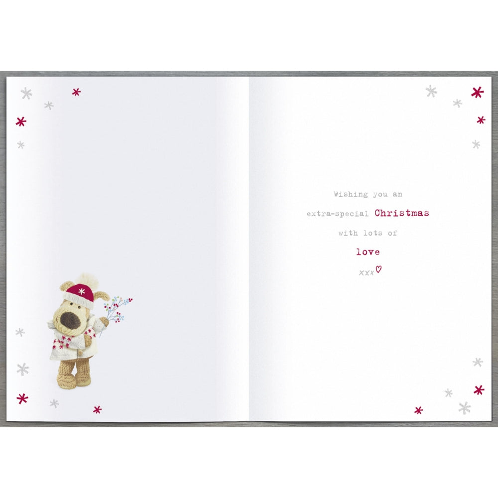 UK Greetings Boofle standing outside door Mammy Christmas Card, festive holiday scene with colorful design and cheerful character.
