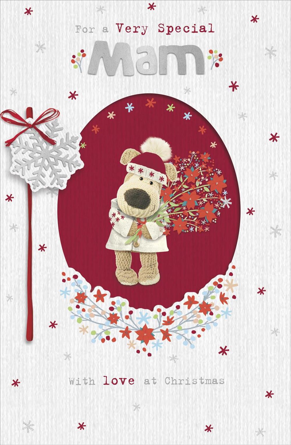 UK Greetings Boofle Christmas card featuring a bouquet design, perfect for Mam, with festive holiday imagery.