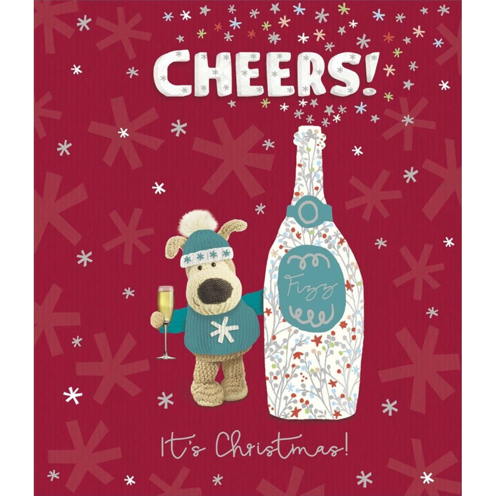 UK Greetings Boofle Christmas card featuring a cheerful Boofle character holding a champagne glass for holiday celebrations