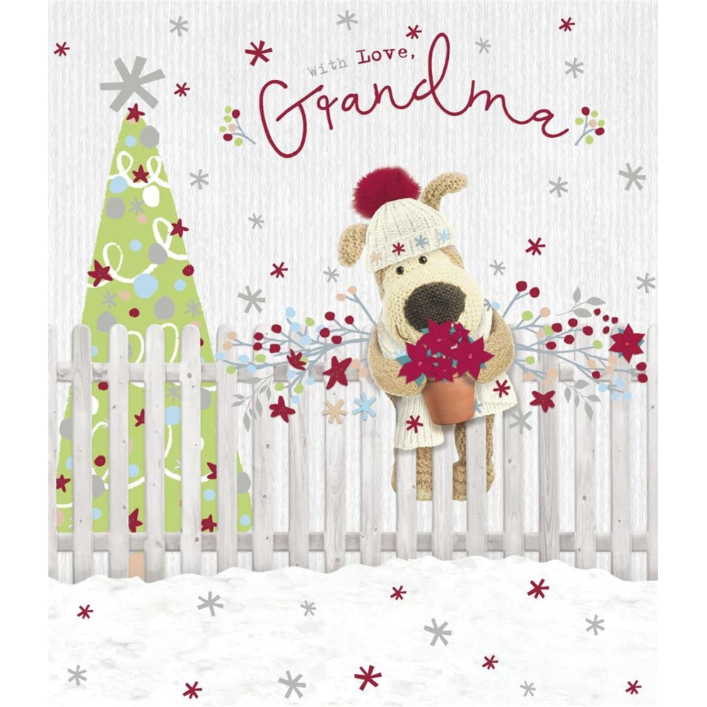 UK Greetings Christmas card featuring Boofle holding a flower pot, designed for Grandma, with festive holiday imagery.