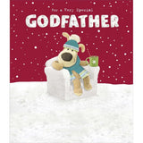 UK Greetings Boofle Godfather Christmas Card featuring festive design with Boofle holding a mug, perfect for holiday greetings.