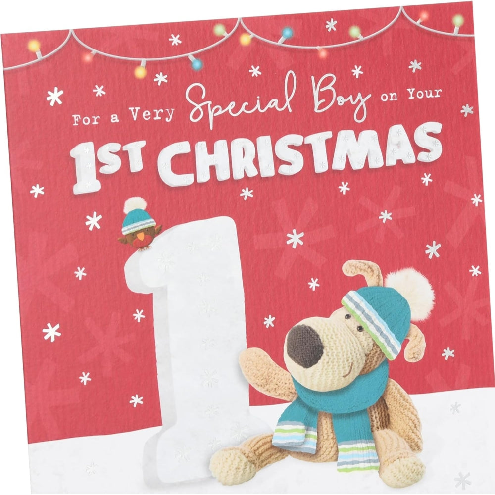 UK Greetings Boofle 1st Christmas Card featuring a special boy with festive holiday design and colorful illustrations.