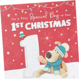 UK Greetings Boofle 1st Christmas Card featuring a special boy with festive holiday design and colorful illustrations.