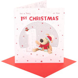 UK Greetings Boofle 1st Christmas card with number and girl illustration, festive holiday design for special Christmas greetings.