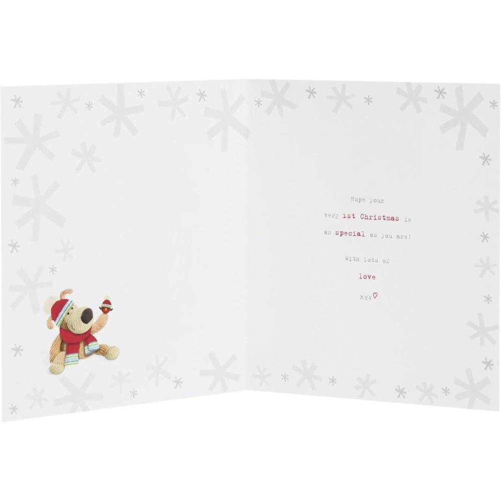 UK Greetings Boofle first Christmas card with number one, featuring festive holiday design and adorable Boofle character.