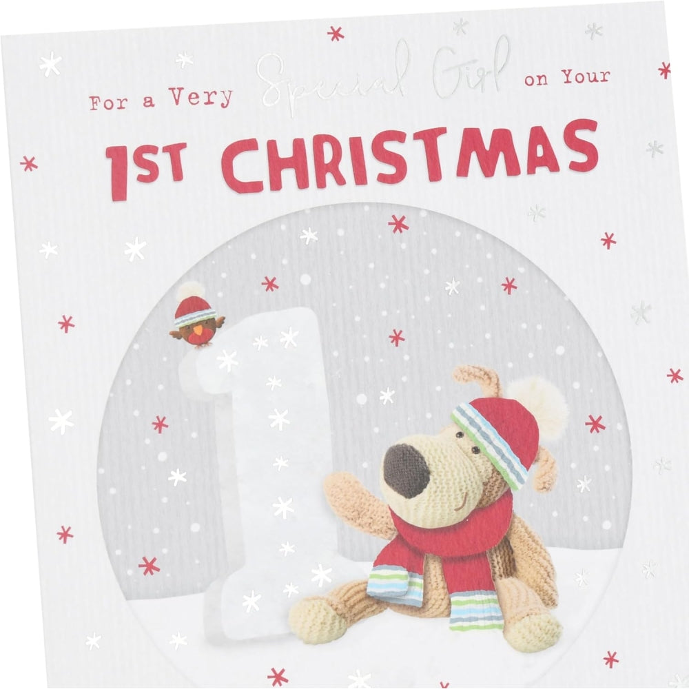UK Greetings Boofle 1st Christmas Card for girl featuring festive design and number one symbol, ideal for celebrating first Christmas.